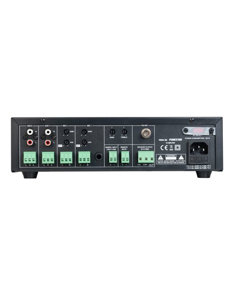 Amplificador 30W RMS, reproductor USB/MP3. sintonizador FM, prioridad avisos